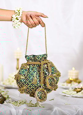 Green Brocade Gota Embroidered Sequins Potli For Women