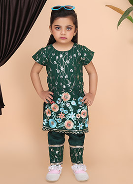 Green Brocade Sequins Embroidered Kids Girls Kurta Straight Pant Set