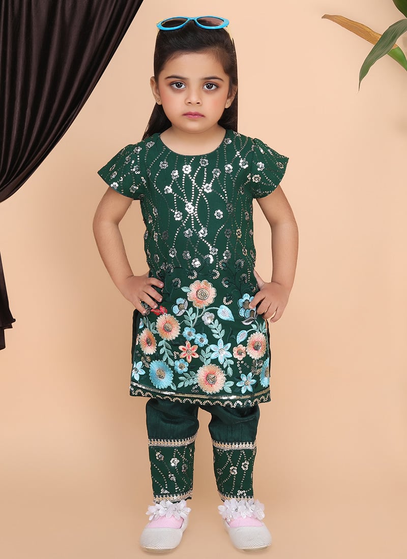 Green Brocade Sequins Embroidered Kids Girls Kurta Straight Pant Set Festive Wear