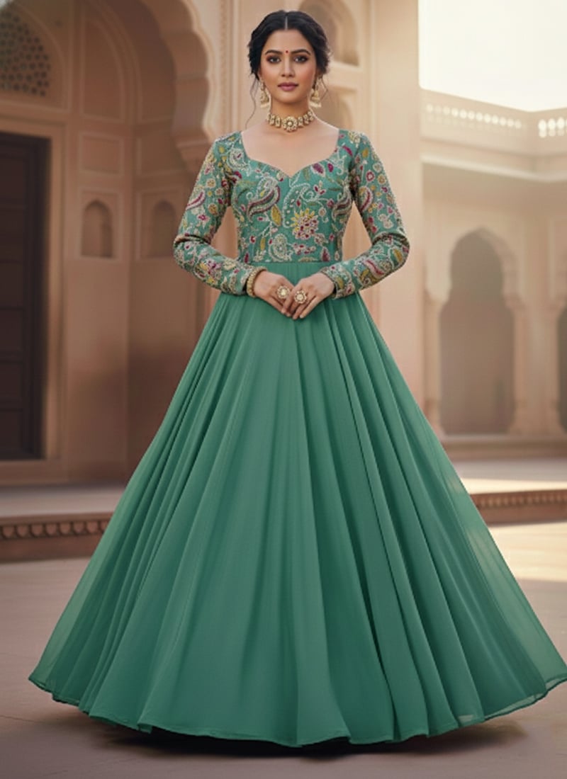 Green Brocade Zari Embroidered Anarkali Gown Festive Wear
