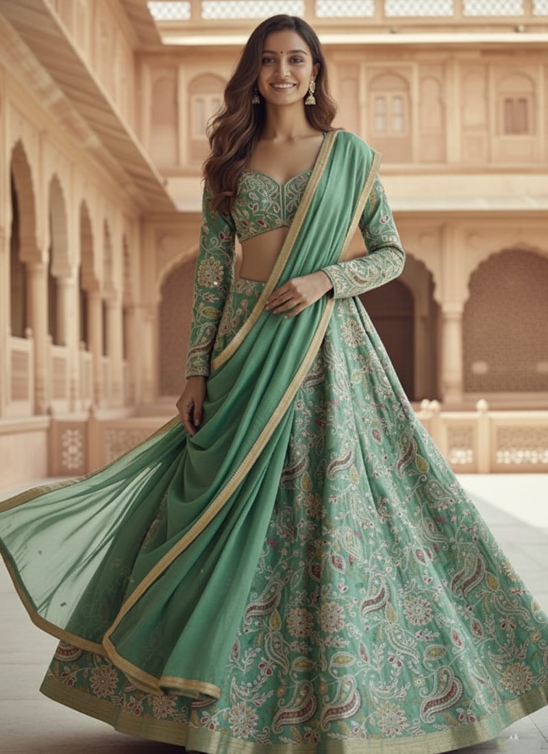 Green Brocade Zari Embroidered Lehenga Wedding Wear