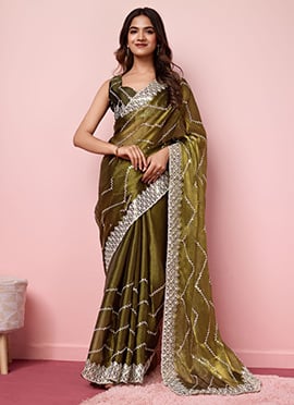 Green Burberry Silk Embroidered Sequins Dressy Saree With Blouse