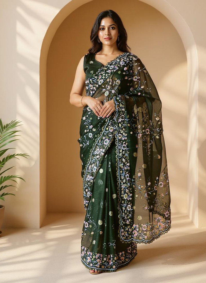 Green Burberry Silk Embroidered Sequins Saree Festive Wear