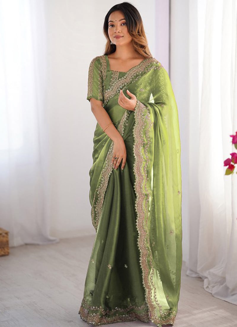 Green Burbery Silk Embroidered Sequins Saree Festive Wear