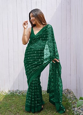 Green Butterfly Net Stone Work Sequins Saree