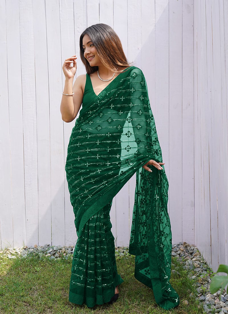Green Butterfly Net Stone Work Sequins Saree After Six Wear