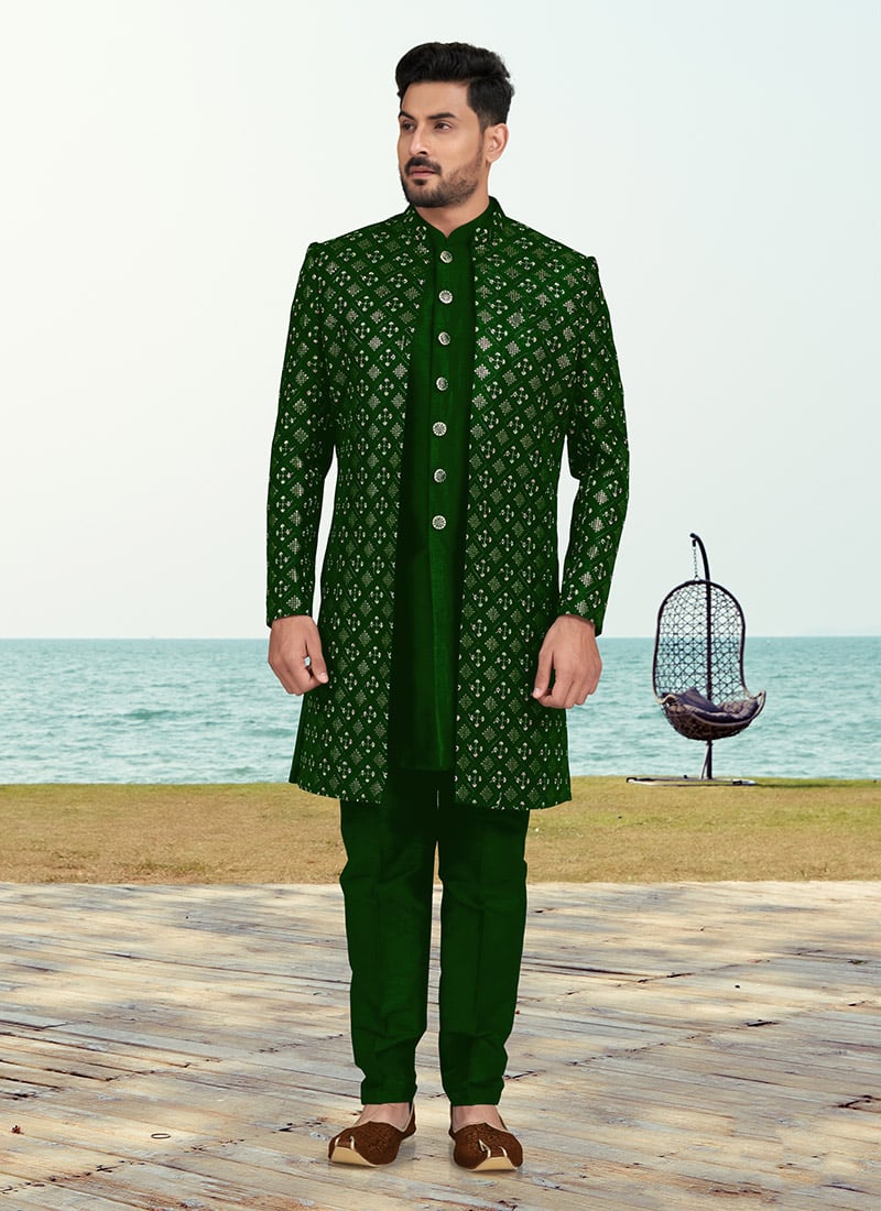 Green Champion Silk Embroidered Sequins Indowestern Sherwani Wedding Wear