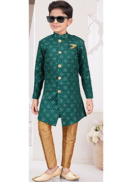 Green Champion Silk Thread Sequins Kids Boys Indowestern Sherwani