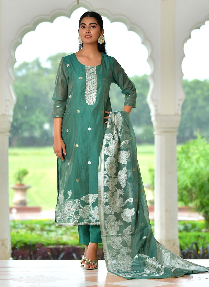 Green Chanderi Cotton Foil Print  And Gota Straight Pant Suit After Six Wear