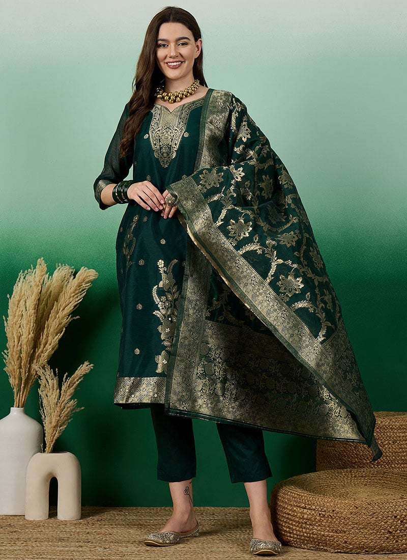 Green Chanderi Cotton Jacquard Straight Pant Suit