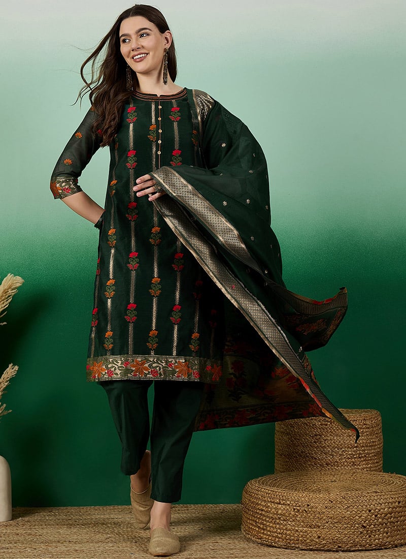 Green Chanderi Cotton Jacquard Straight Pant Suit