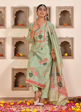 Green Chanderi Cotton Printed And Gota Straight Pant Suit