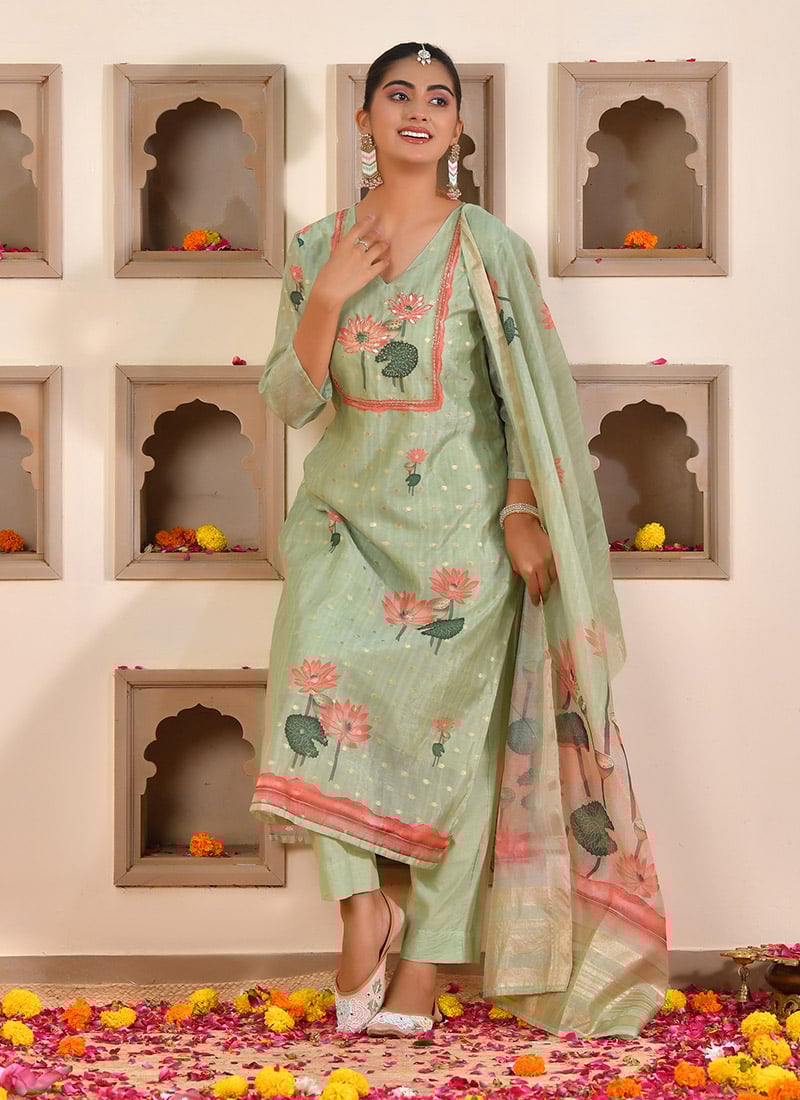 Green Chanderi Cotton Printed And Gota Straight Pant Suit After Six Wear