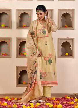 Green Chanderi Cotton Printed And Gota Straight Pant Suit