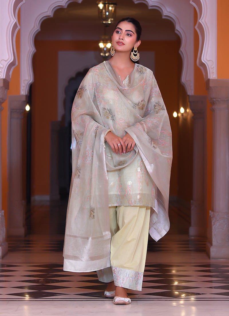 Green Chanderi Cotton Zari Sequins And Beads Palazzo Suit After Six Wear