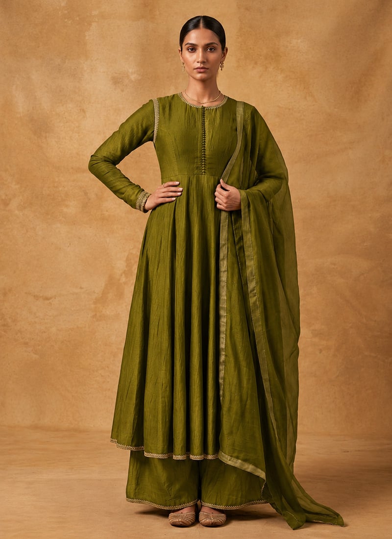 Green Chanderi Sequins Cutdana Embroidered Palazzo Suit Festive Wear