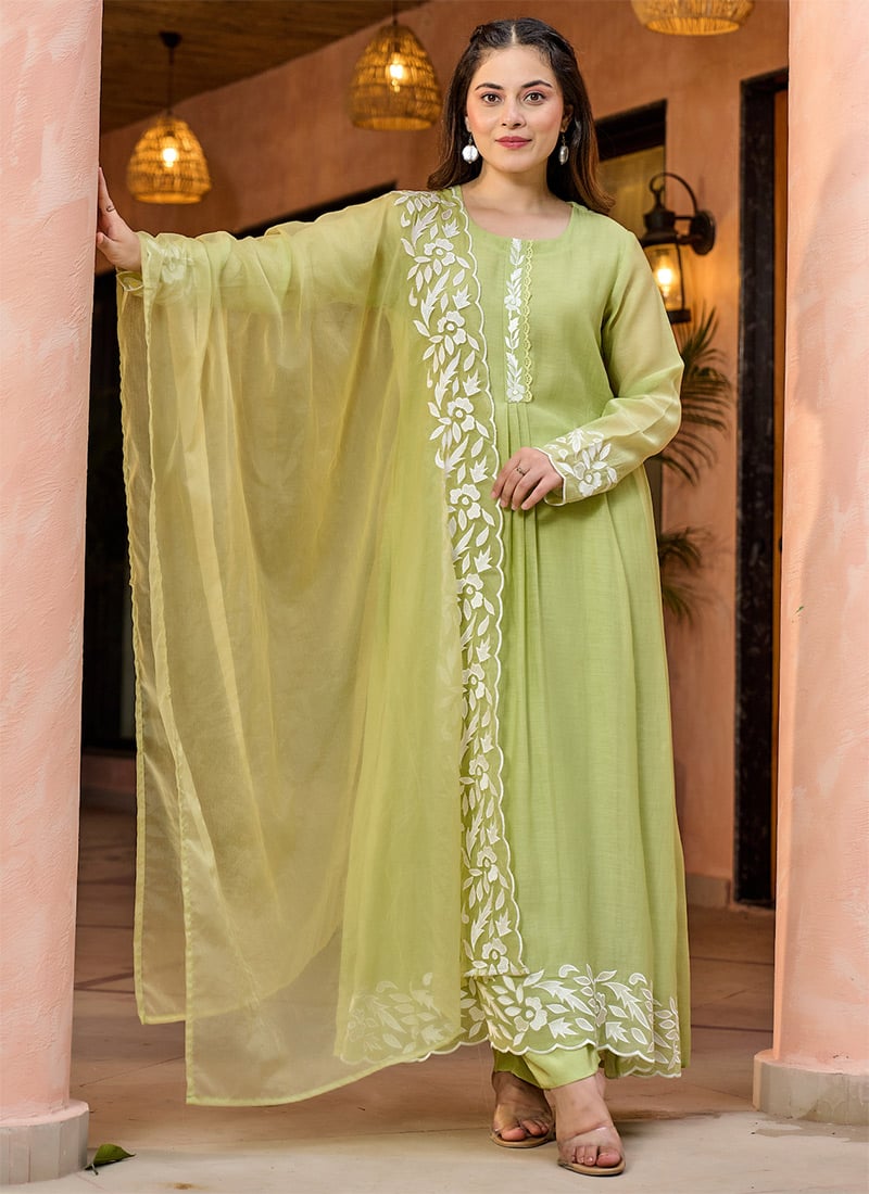 Green Chanderi Silk Embroidered Anarkali Suit Festive Wear