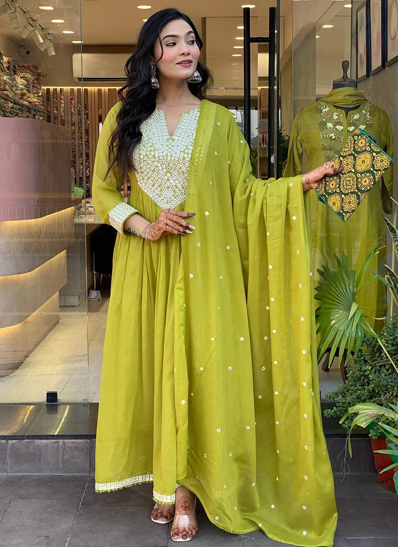 Green Chanderi Silk Embroidered Foil Mirror Anarkali Suit After Six Wear