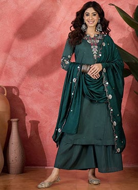 Green Chanderi Silk Embroidered Palazzo Suit