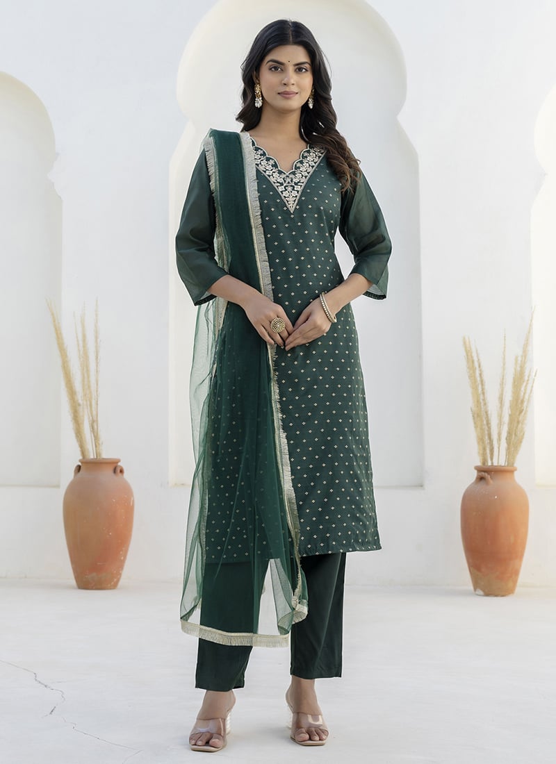 Green Chanderi Silk Embroidered Sequins Straight Pant Suit After Six Wear