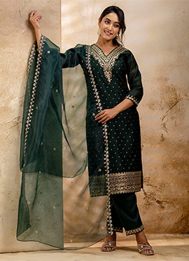 Green Chanderi Silk Embroidered Sequins Straight Pant Suit