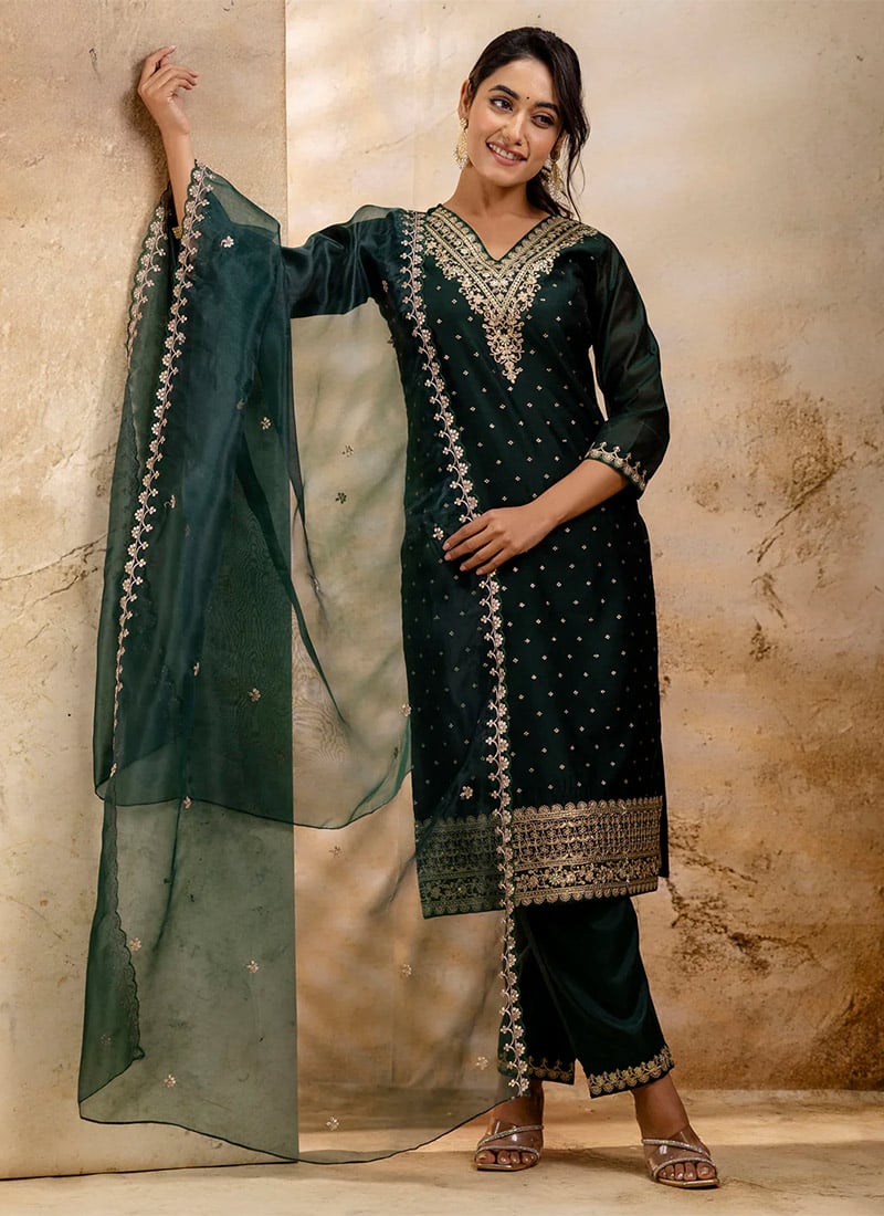 Green Chanderi Silk Embroidered Sequins Straight Pant Suit Festive Wear