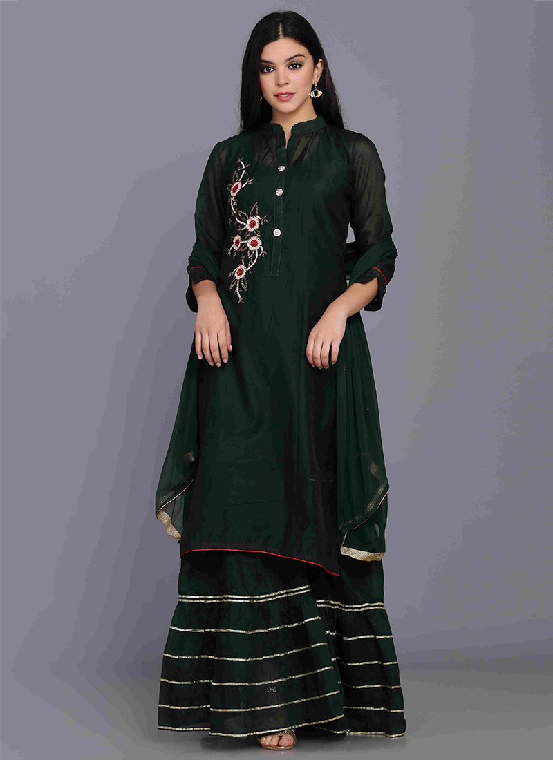Green Chanderi Silk Sharara Suit Party Wear