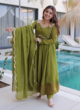 Green Chanderi Silk Woven Mirror Lace Embroidery Work Anarkali Suit