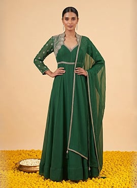Green Chanderi Zari Sequins Embroidered Anarkali Suit