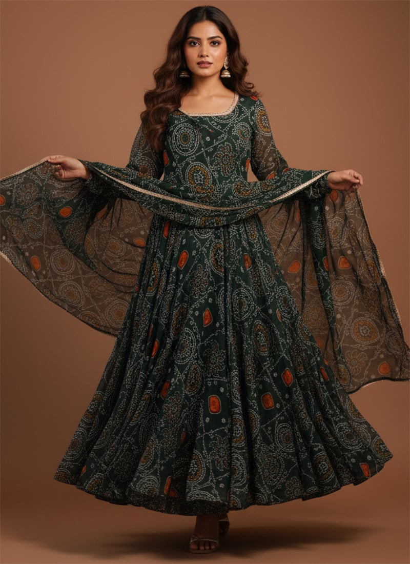 Green Chiffon Bandhej Printed Anarkali Suit After Six Wear