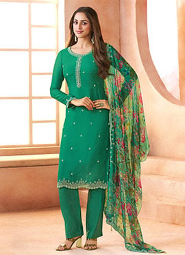 Green Chiffon Embroidered Sequins Straight Pant Suit