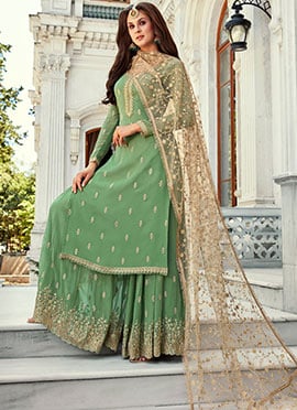 Green Chiffon Embroidered Palazzo Suit