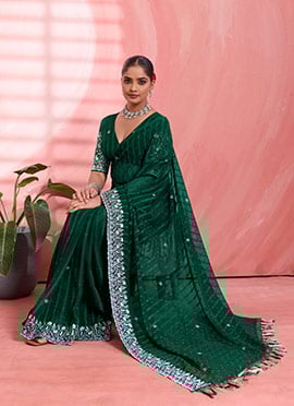 Green Chiffon Embroidered Tikki Work Thread Saree
