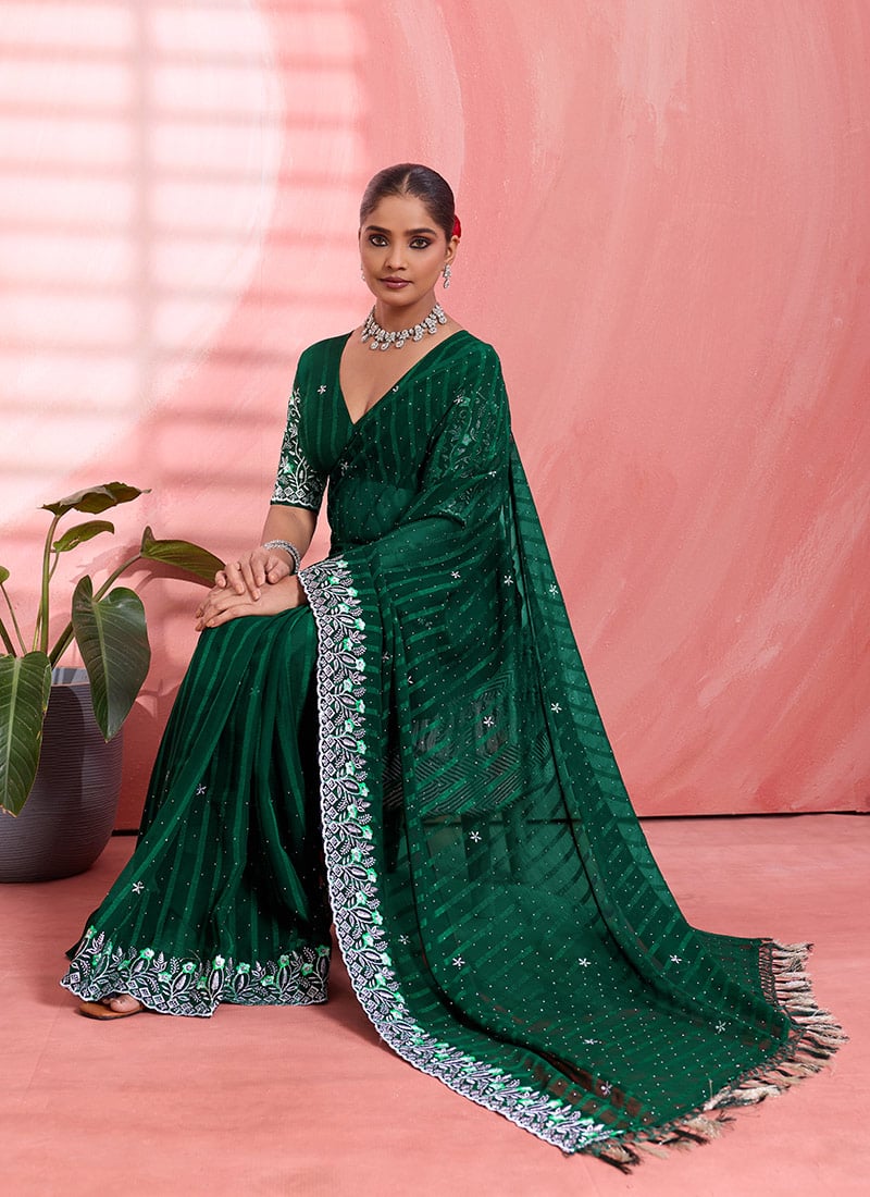 Green Chiffon Embroidered Tikki Work Thread Saree Festive Wear
