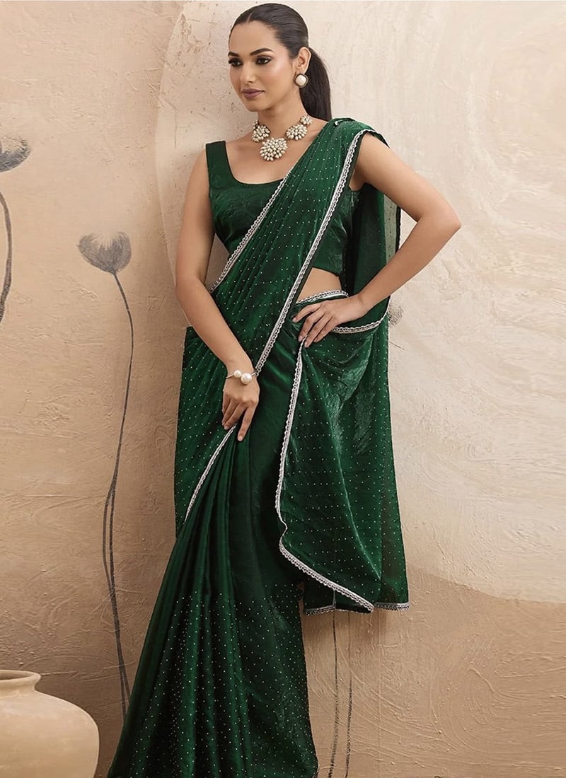 Green Chiffon Tikki Work Saree After Six Wear