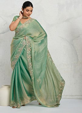 Green Chiffon Velvet Zari Embroidered Sequins Thread Saree