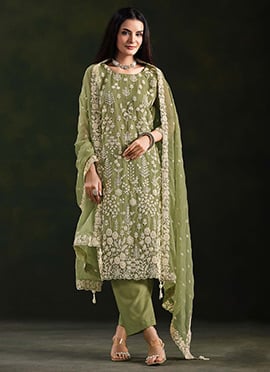 Green Chiffon Zari Embroidered Sequins Straight Pant Suit