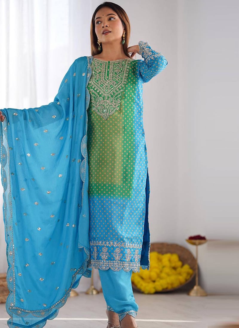 Green Chinon Bandhini Print  Embroidered Sequins Straight Pant Suit