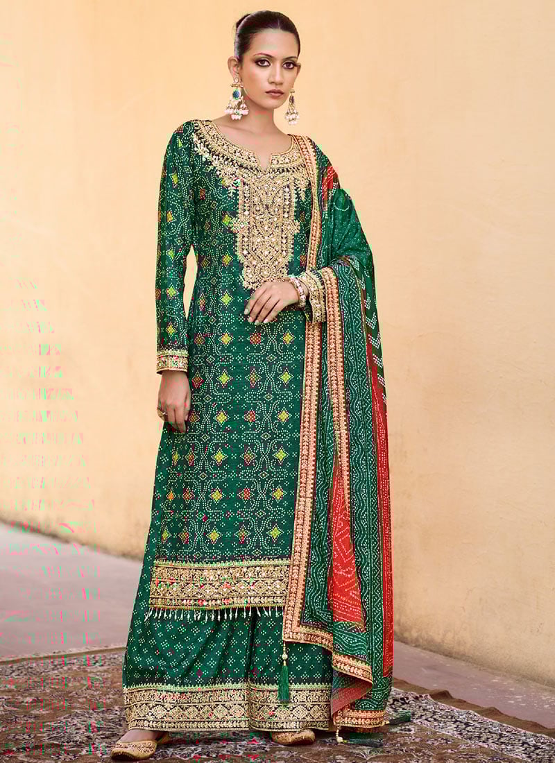 Green Chinon Bandhini Print Embroidered Sequins Palazzo Suit Festive Wear-SLSCC54913022