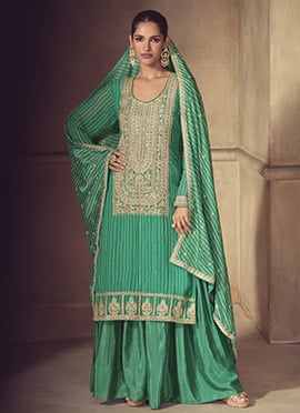 Green Chinon Bandhini Print Zari Embroidered Sequins Palazzo Suit