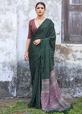 Green Chinon Bandhini Printed Work Saree