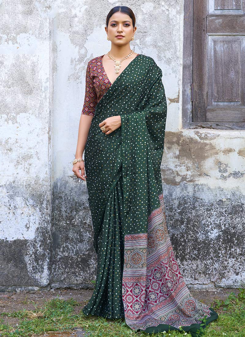 Green Chinon Bandhini Printed Work Saree Festive Wear