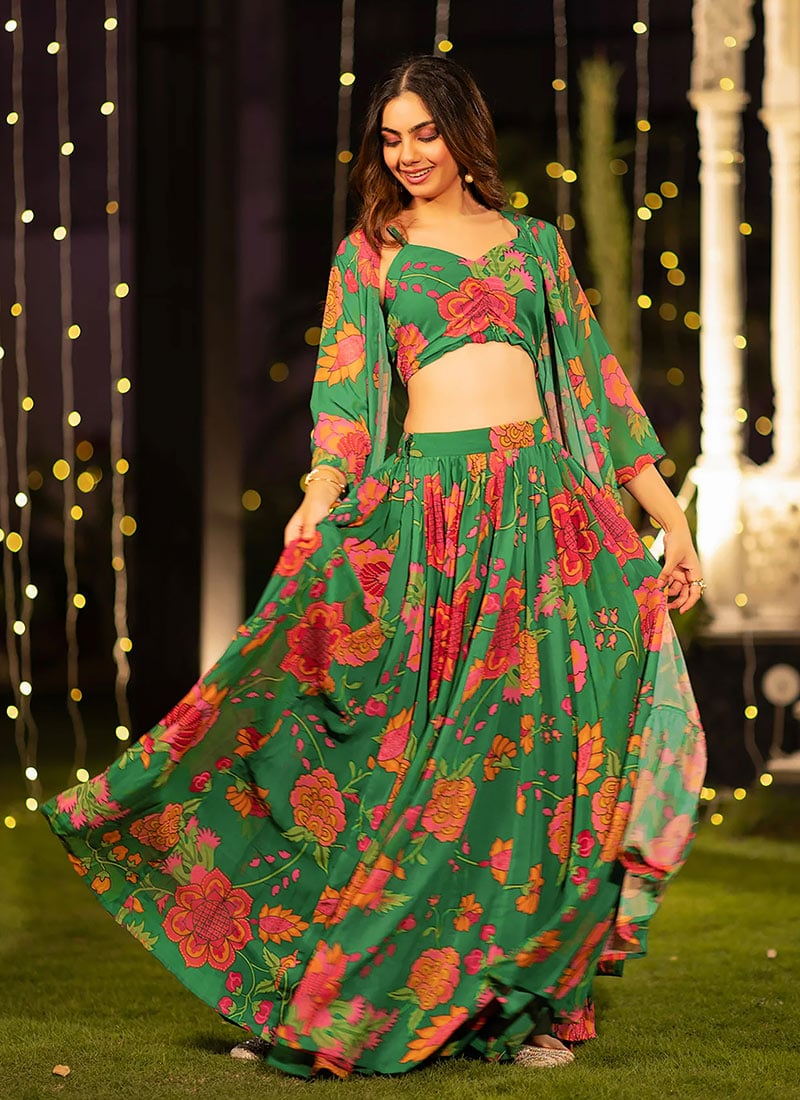 Green Chinon Digital Floral Print Stylish Indowestern Skirt Jacket Set