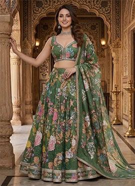Green Chinon Digital Print Lehenga