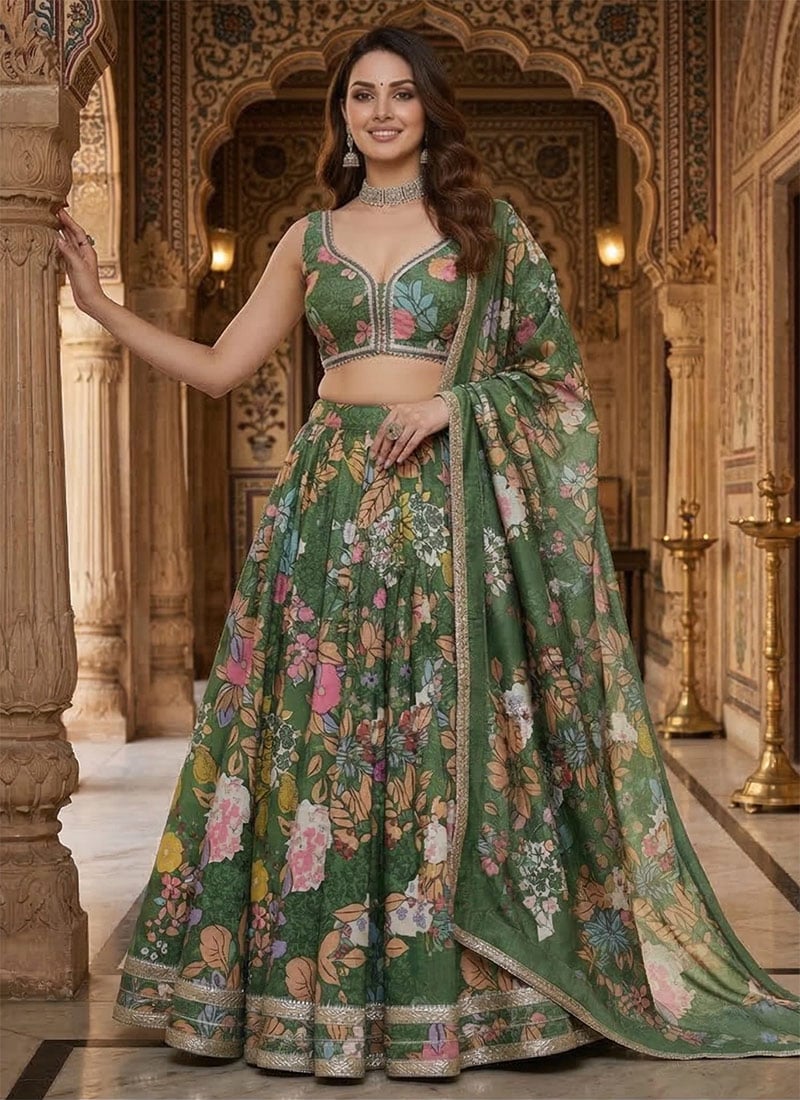 Green Chinon Digital Print Lehenga After Six Wear
