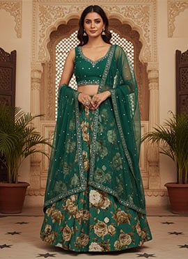 Green Chinon Digital Print With Zari Hand Embroidered Sequins Lehenga