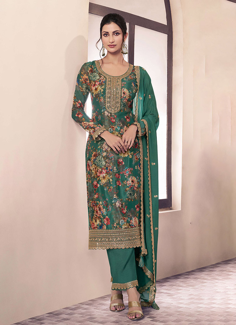 Green Chinon Digital Print Zari Embroidered Sequins Straight Pant Suit