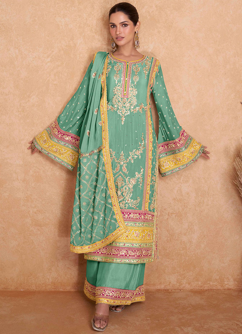 Chinnon Sea Green Multicolor Embroidered Punjabi Style Palazzo Suit main image 1