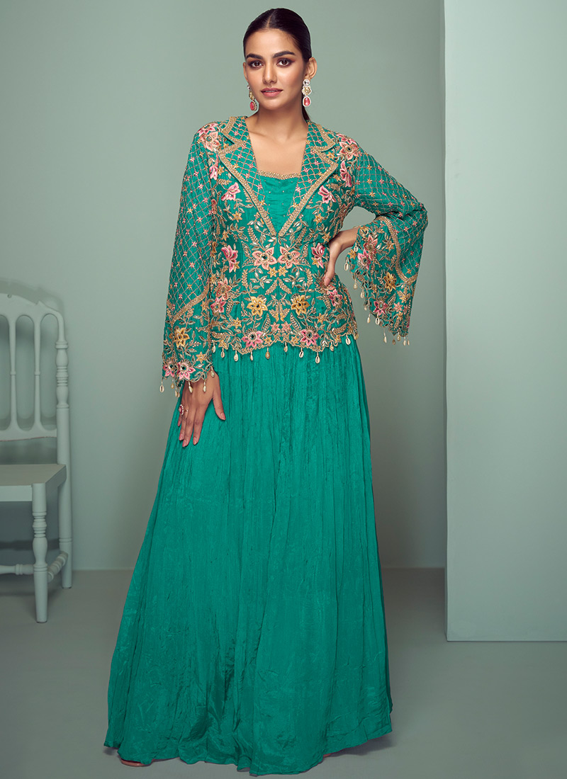 Green Chinon Embroidered Indowestern Skirt Set Wedding Wear