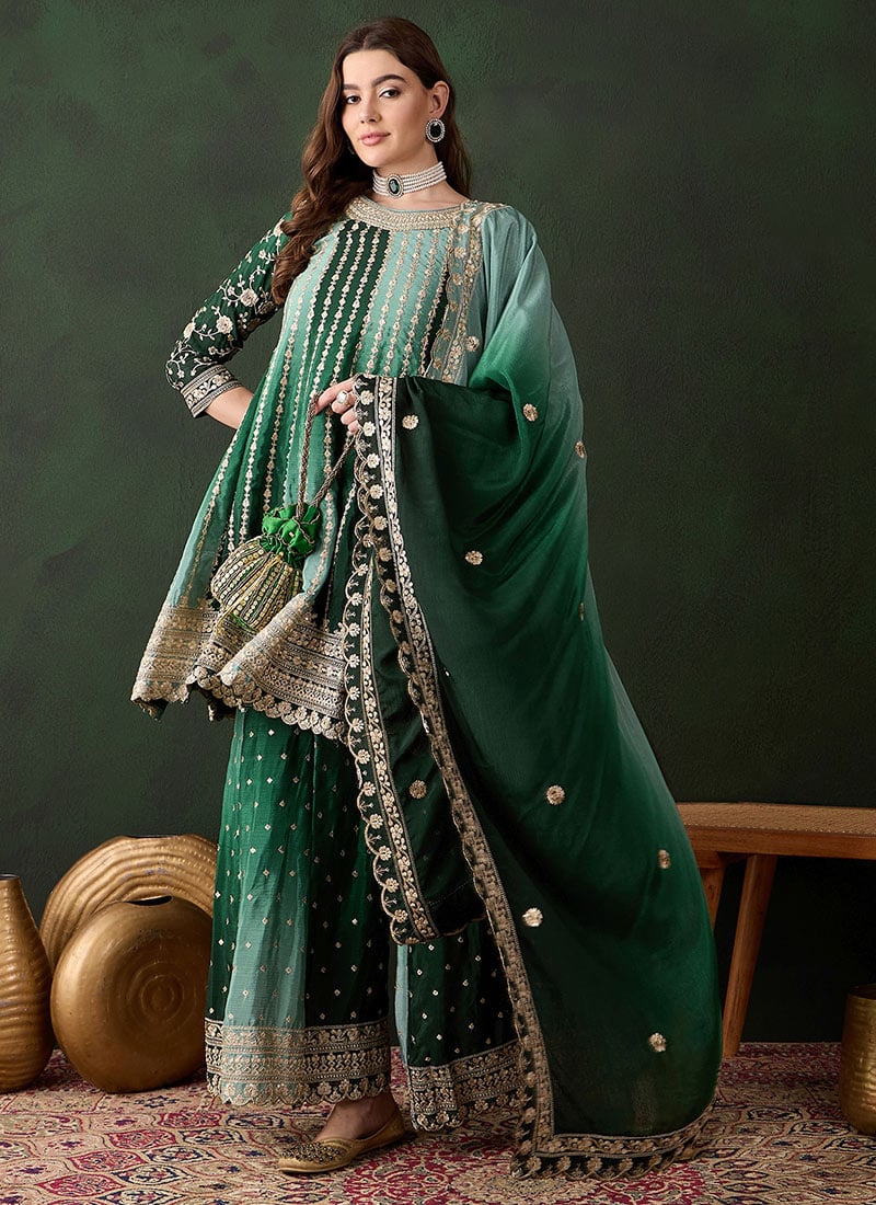 Green Chinon Embroidered Pakistani Palazzo Suit Festive Wear